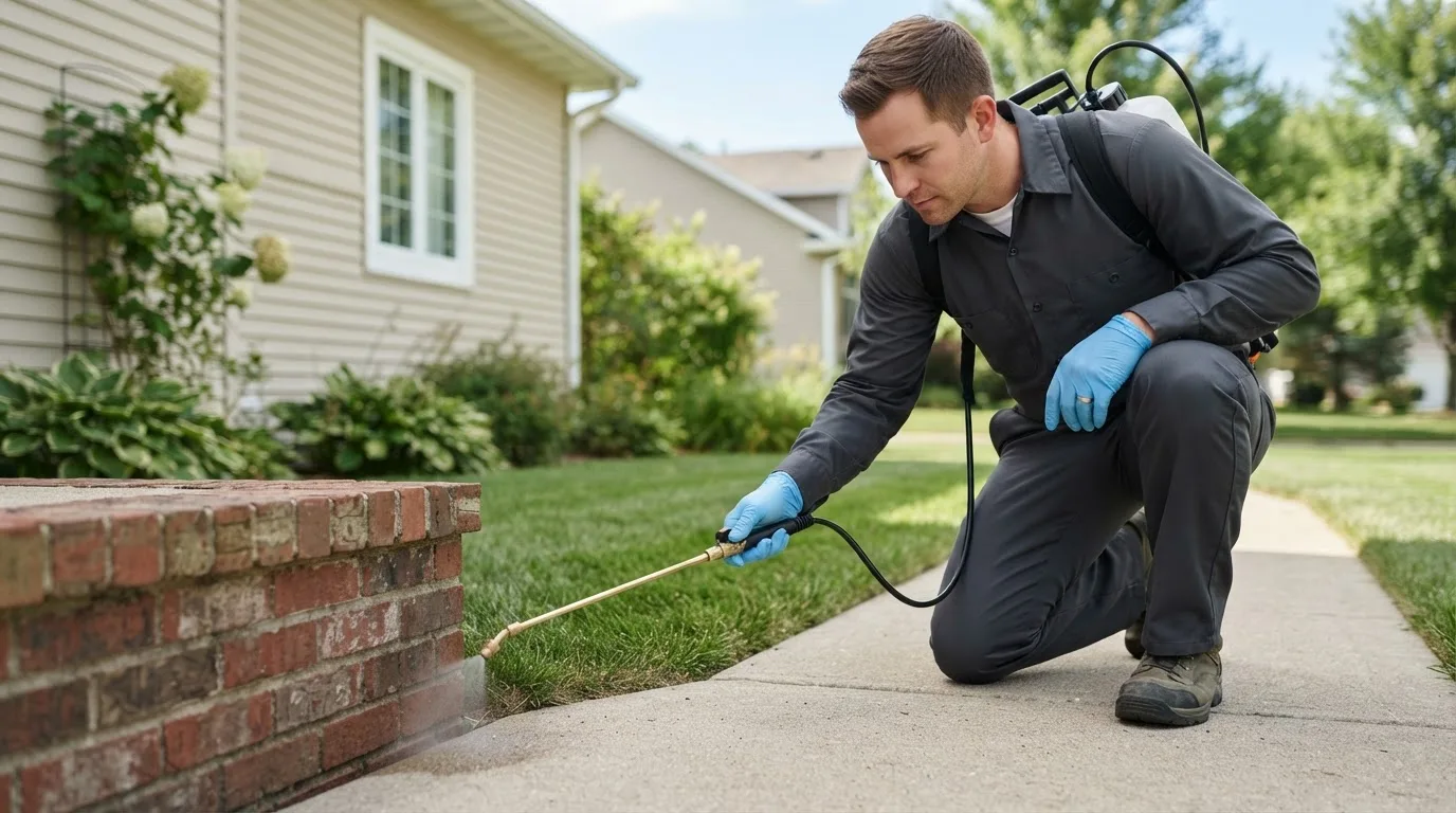 Pest control technician treating a home near La Fontaine, IN