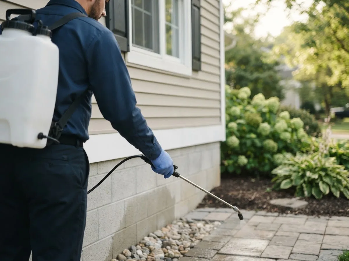 Pest control technician inspecting a home in La Fontaine, IN